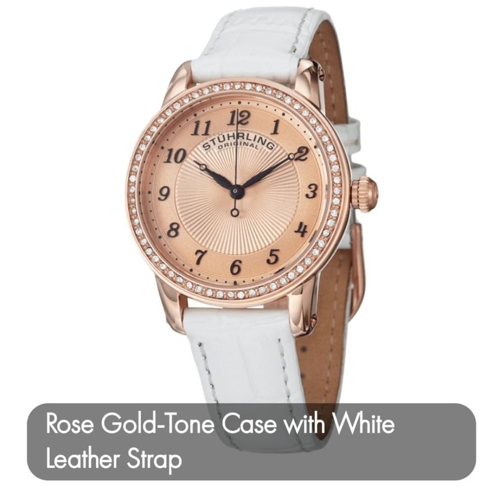 Women's Watch Stührling Ultra Slim 34mm Quartz Rose Gold White Leather Strap NEW
